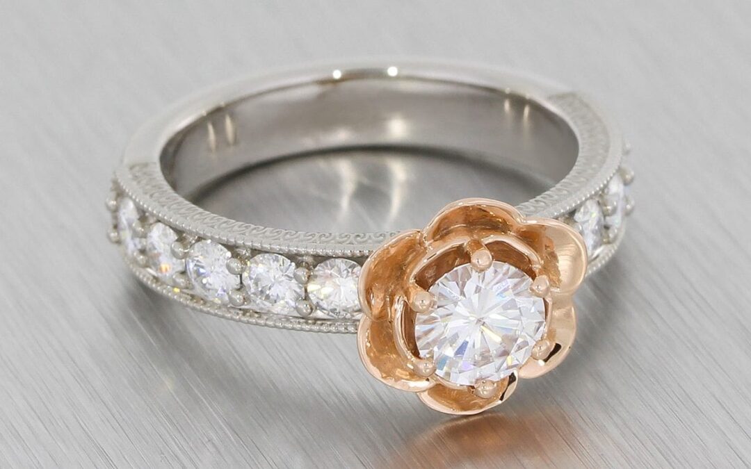 Two tone floral moissanite engagement ring – Portfolio