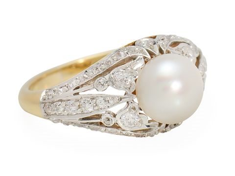 Pearl and diamond Edwardian gold and platinum ring