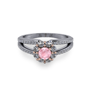Pink morganite plit shank halo engagement diamond ring