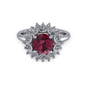 White gold Ruby and diamond unique bezel halo engagement ring