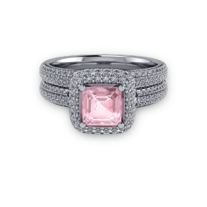 Platinum Pink ascher and diamond pave halo ring set