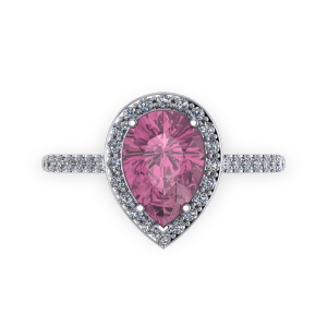 Pink tourmaline pear diamond and platinum halo birthstone engagement ring