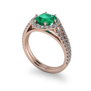 Radiant cut emerald rose gold diamond halo commitment ring