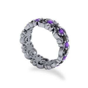 Eternity ring, Amethyst and black diamonds, filigree, wedding band, multistone