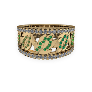 floral, wide band, emerald, yellow gold, leaf pattern