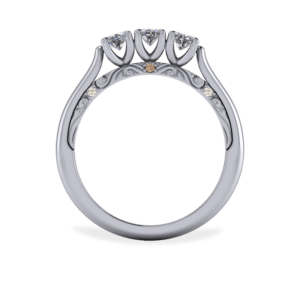 platinum, trilogy ring, floral, diamond, engraved scrolls