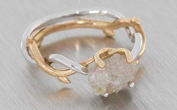 Organic Platinum And Rose Gold Intertwined Ring With A Rough Diamond – Portfolio