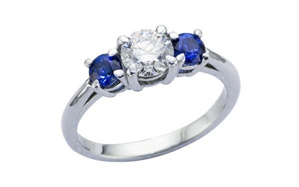 Traditional three stone platinum sapphire and diamond ring – Portfolio