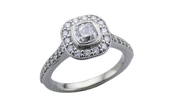 Iconic Tiffany inspired Halo cushion diamond Milgrain ring – Portfolio