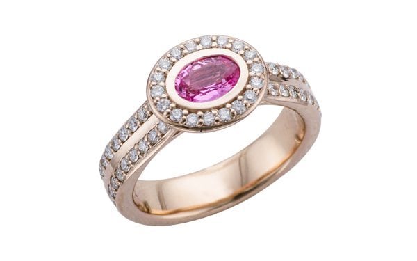 Oval Pink Sapphire halo Rose Gold engagement ring – Portfolio