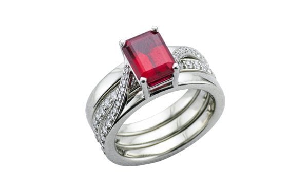 Interlocking wrap ring with emerald cut ruby – Portfolio