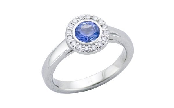 Contemporary Sapphire diamond halo ring – Portfolio