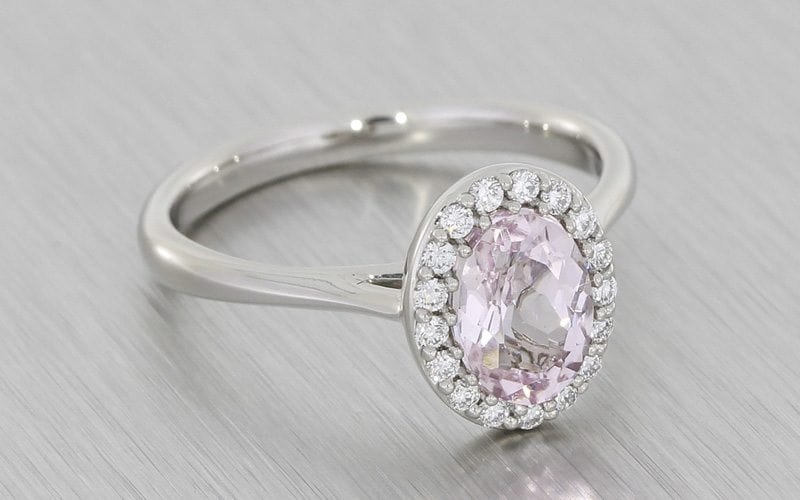 Oval, Halo, Shared-Prong, Pink Morganite, Palladium Ring – Portfolio