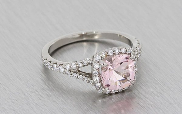 Palladium Split Shank Ring With A Cushion Cut Morganite And Diamond Halo
