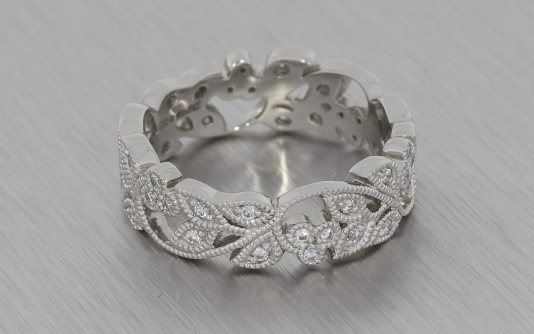 Stunning Vintage, Floral-Style, Platinum Wedding Band with Milgrain – Portfolio