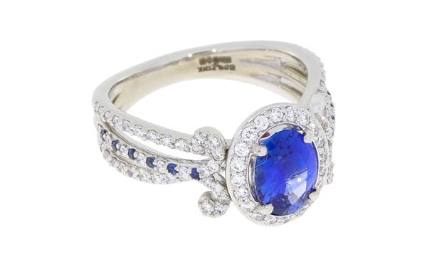 Vintage Sapphire Bridal Band Set with Diamond Halo and Hidden Ruby – Portfolio