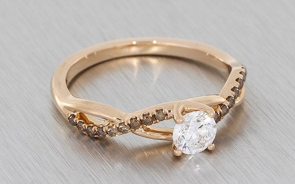 Warm Rose Gold And Cognac Diamond Ring With Entwined Ring Shank And White Diamond Centre Stone – Portfolio