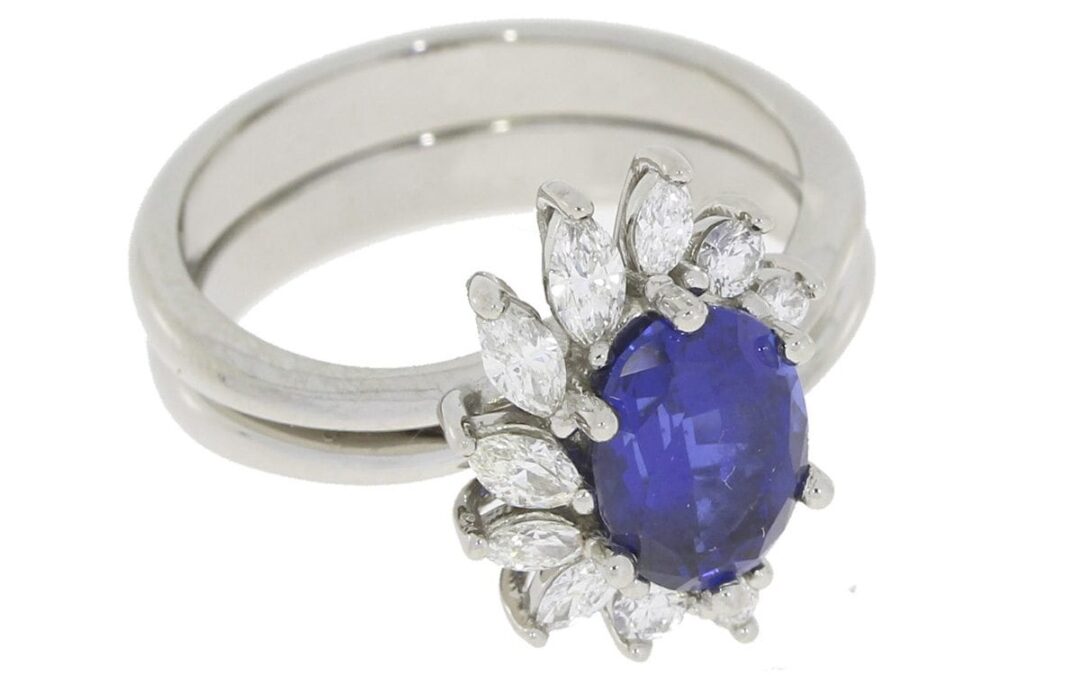 Sapphire And Diamond Cluster With Matching Platinum Contouring Wedding Band – Portfolio