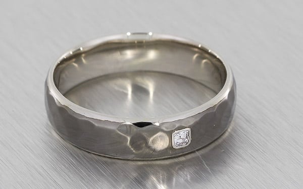 Hammered Men’s Contemporary Wedding Band With A Bezel Set Asscher Cut Diamond