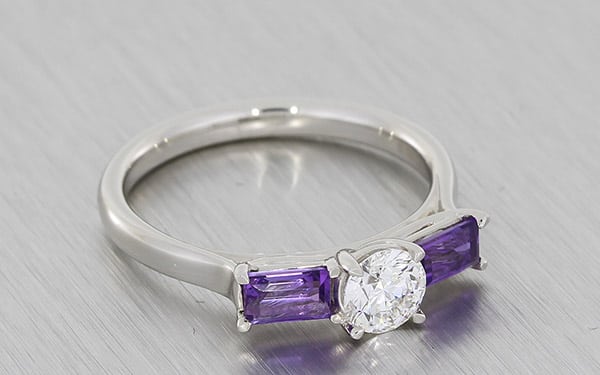 Diamond And Amethyst Platinum Three Stone Ring