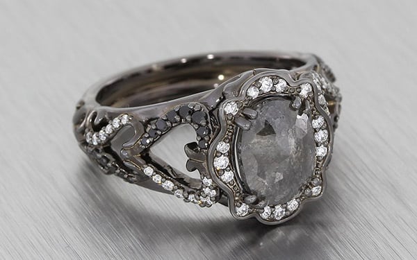 Black rhodium plated gothic style ring with grey white and black diamonds