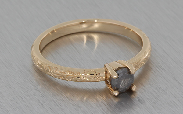 Rose Gold Grey Diamond Ring Delicately Engraved with Floral Detailing